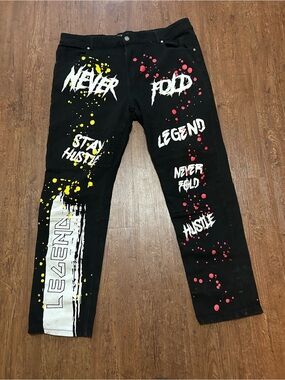 GS-115 Premium Denim Jeans Men 40 Black Paint Splatter Graphic Y2K Streetwear